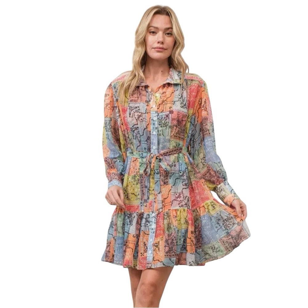 NEW blue b Multicolor Orange Patchwork Print Pais… - image 2